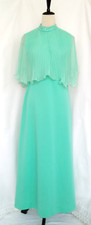 Vntg 70s Maxi Pleated Cape Dress Aqua Blue Green Formal Gown Embelished Size 10