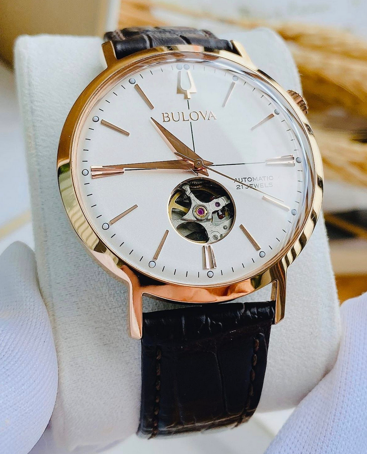 Bulova Aerojet Automatic 97A136 Rose Gold Tone Men\'s Watch Case Leather  Band | eBay