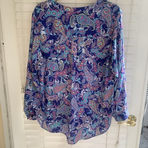 Rose + Olivblau Paisley/Blumen Langarm V-Ausschnitt Bluse Rollärmel - Größe 2X - Bild 5 von 11