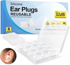 12 Pack Reusable Ear Plugs, Silicone Ear Plugs for Sleeping, Waterproof NRR 32dB