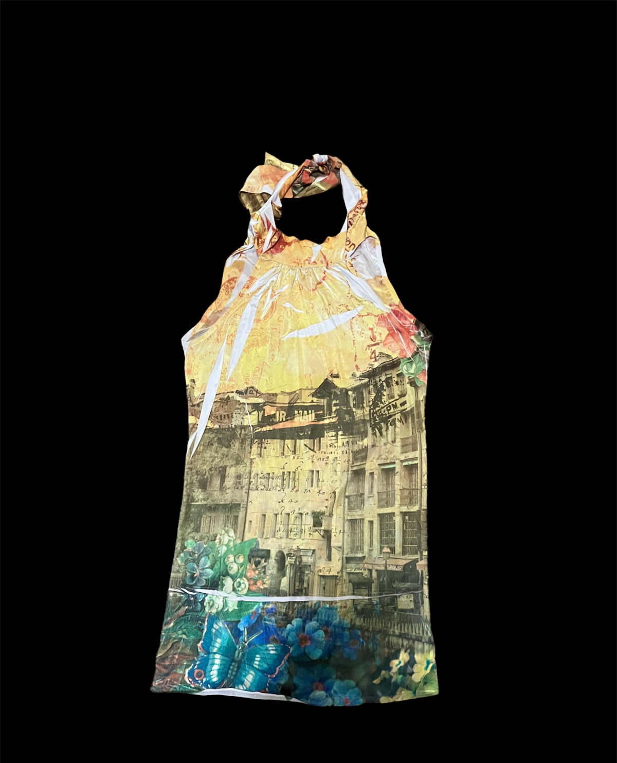 Taheri Halter Sundress Womens Small Yellow Old-World Scene Flowers Ties at Neck-image