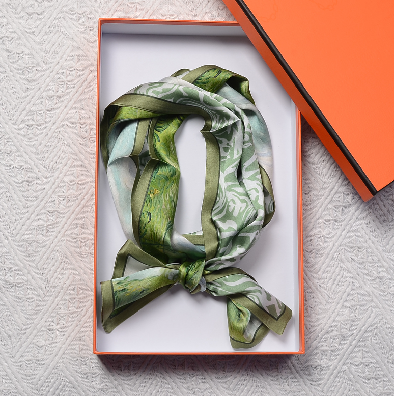 100% Silk 12 Momme Green Mountain Print Scarf Double-Layer Ribbon 145x16cm