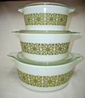 PYREX Set Vintage Verde Green Square Flowers Casserole Set W/ Lids 473 474 475