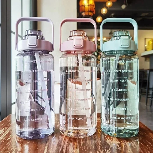 2L Fitness Water Bottle with Straw & Time Marker BPA Free Outdoor Travel - Picture 1 of 10