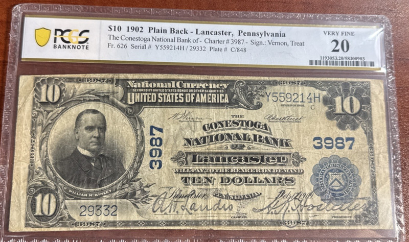 $10 1902 Plain Back- Lancaster,Pennsylvania PCGS VF20 FR 626