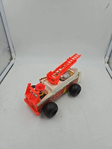 Vintage 1968 Fisher Price Little People Fire Truck Engine 720 Wood Toy 8" W/Bell