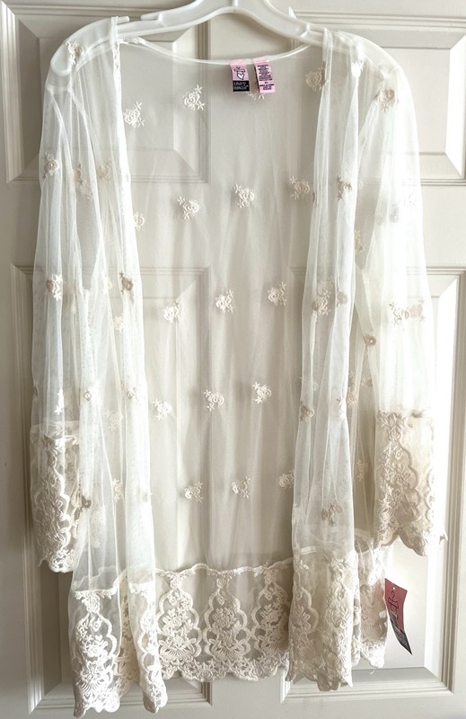NWT Lace Sheer Open Robe Duster Bridal Swim Cover Up Wrap Ivory Embroidered XL