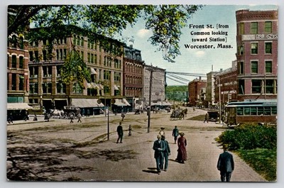 Front St Worcester MA Trolley Horse Carriage c1907 Postcard Rawson Post Card Co.