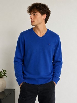 Tommy Hilfiger Herren Pullover XXL Blau Feinstrick V-Ausschnitt Logo Baumwolle