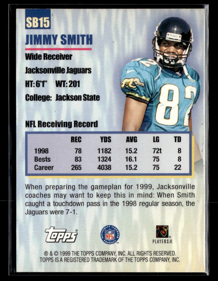 1999 Topps #SB15 Jimmy Smith Season's Best Card Jacksonville Jaguars - Image 2 of 2