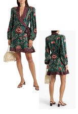 NWT $248 FARM Rio Beaded Floral Crepe Wrap Mini Dress Green Size L US 10