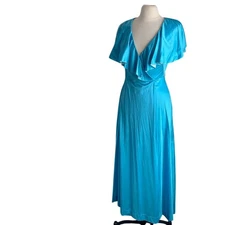 VINTAGE VANITY FAIR Robe Women’s Sz 6 Blue Wrap Ruffle Neck 70s Wrap Fairy