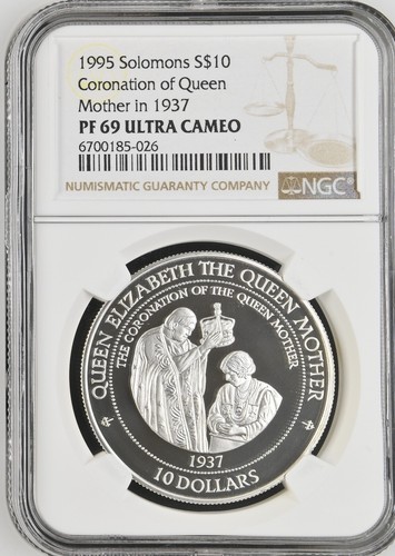 1995 SILVER 10 DOLLARS SOLOMON ISLANDS CORONATION QUEEN MOTHER NGC PF69 UCAM