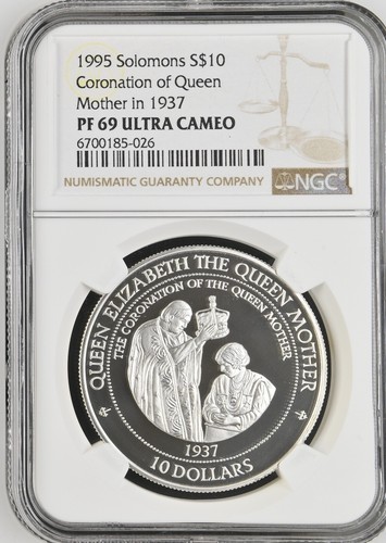 1995 ARGENT 10 DOLLARS ÎLES SALOMON COURONNEMENT REINE MÈRE NGC PF69 UCAM - Photo 1/2