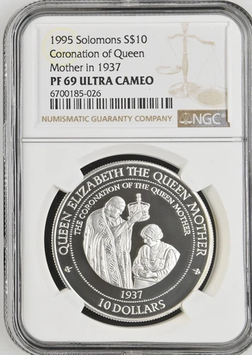 1995 SILVER 10 DOLLARS SOLOMON ISLANDS CORONATION QUEEN MOTHER NGC PF69 UCAM