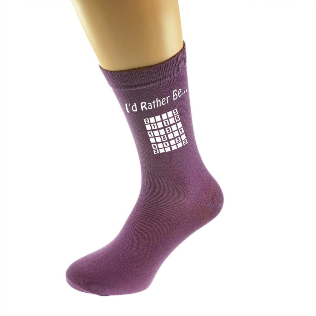 I'd Rather Be Playing Sudoku with Puzzle Image Printed on Ladies Purple Socks