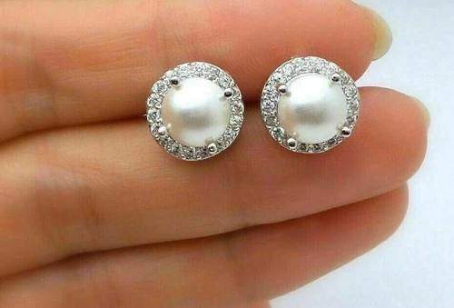 2.20 Ct Round Cut Pearl & Diamond Halo Stud Earrings 14k White Gold Finish