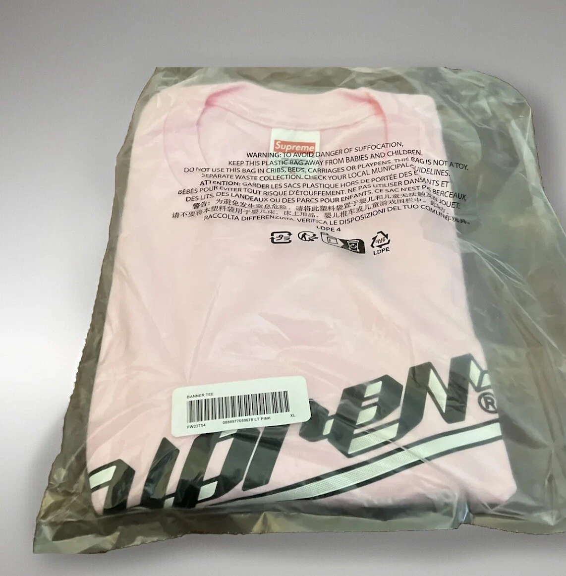 TEE SHIRT BANNIÈRE SUPRÊME ROSE CLAIR TAILLE XL (100% AUTHENTIQUE) NEUF FW23 SEMAINE 17
