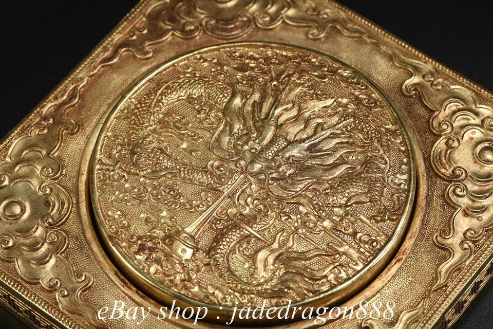 Estatua de dragón Fengshui dorado cobre chino marcado Qianlong de 6,6" piedra de tinta Foto 2 de 4