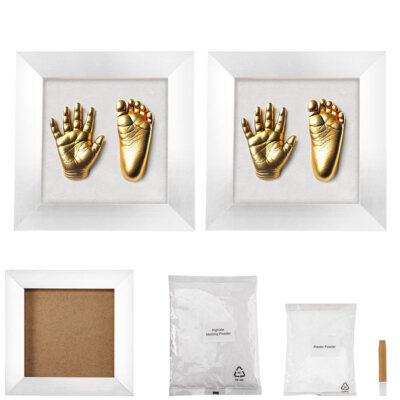 2er-Set 3D-Abform-Sets Baby-Hand & Fußabdruck mit Holzrahmen, 24x24 cm