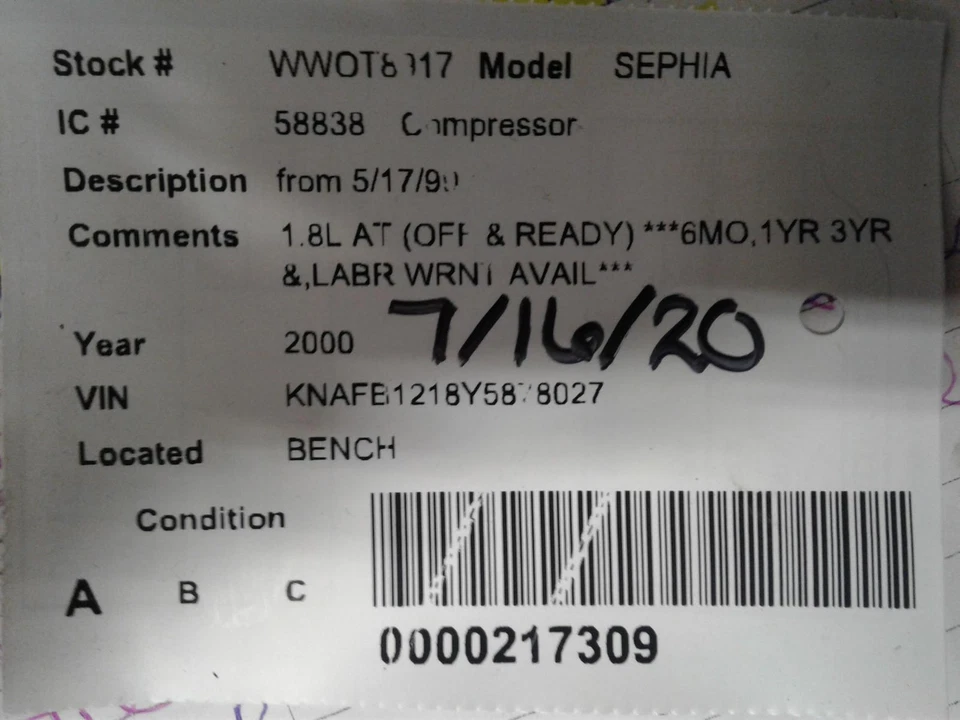 Used A/C Compressor fits: 2000 Kia Sephia from 5/17/99 Grade A - Image 4 of 4