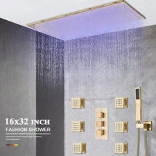 Brushed Gold Shower Faucet Set System 16x32 inch LED Head Combo Massage Jets Kit