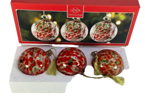 Lenox Art Glass Christmass Ornaments Red Green Set of 3 with Box