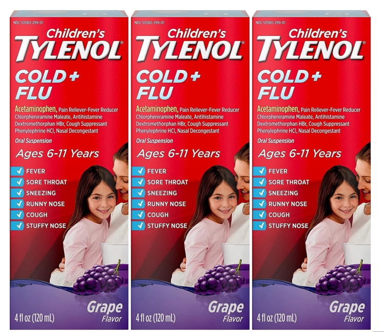 (3 pack) Tylenol Children’s Cold and Flu Syrup Grape 4 oz each Exp 12/