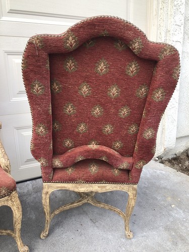 PAIR OF FRENCH COUNTRY LOUIS XV STYLE "SHABBY CHIC" ARMCHAIRS WITH NAILHEAD TRIM - Picture 11 of 12
