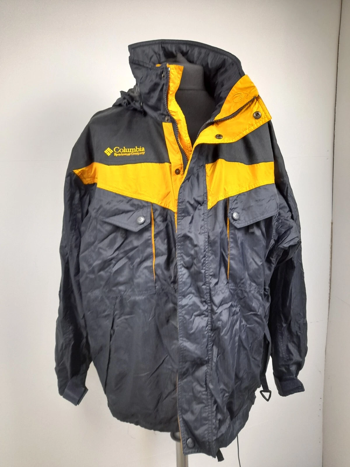 Vintage VGC Columbia Hooded Black Yellow Water Resistant Breathable Mens Coat XL