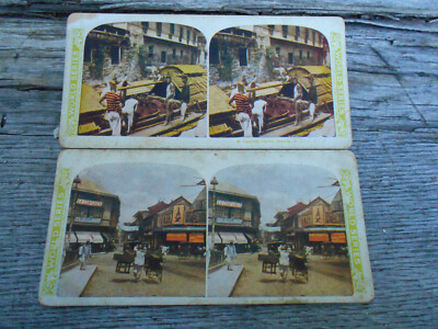 2 Antique Manilla Street Scene & Landing Cattle Stereoscopic Viewer Color CARDS