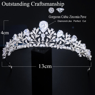 Silver Plated Cubic Zircon Leaf Tiara Crown for Women 