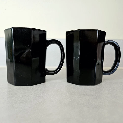 Set of 2-Arcoroc Black Octagon Mug Cup "Octime" Glass Vintage Made in France