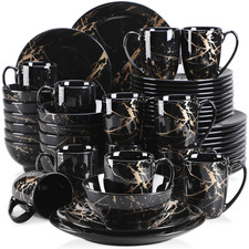 Image of LOVECASA Black Gold Dinnerware Set 16,32 & 48pcs Plates Bowls Cups Porcelain