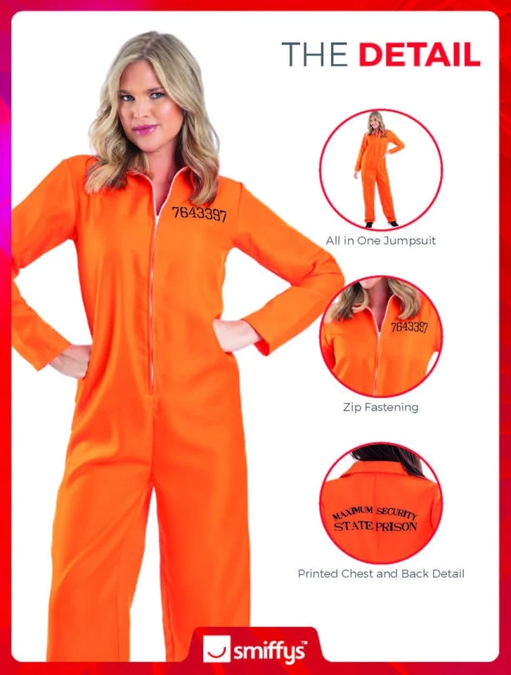 Disfraz de prisionero escapado Smiffys para mujer, mono naranja brillante vestido elegante O Foto 2 de 4