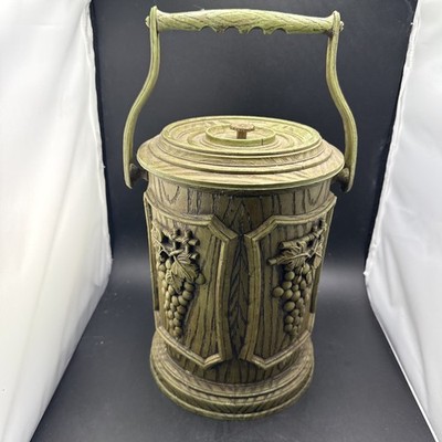 Avocado Green Vintage Faux Wood Ice Bucket Grapes   Wine Cellar Barware 1970s