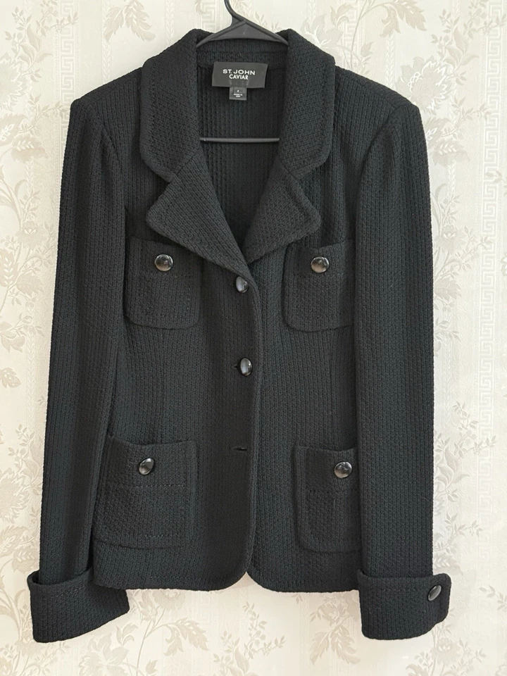 St. John Caviar Black Knit Button Blazer Jacket Size 8 USA Luxury Old Money - Image 2 of 4