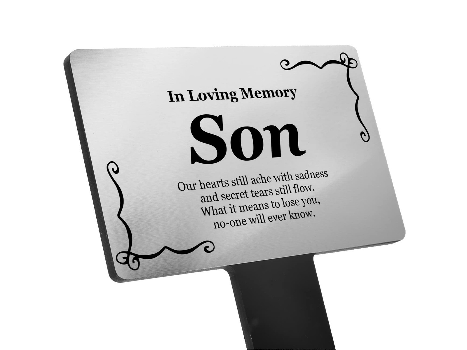 In Loving Memory Son Memorial Stake – Silver Plaque & Acrylic Stake, 230 × 140 m