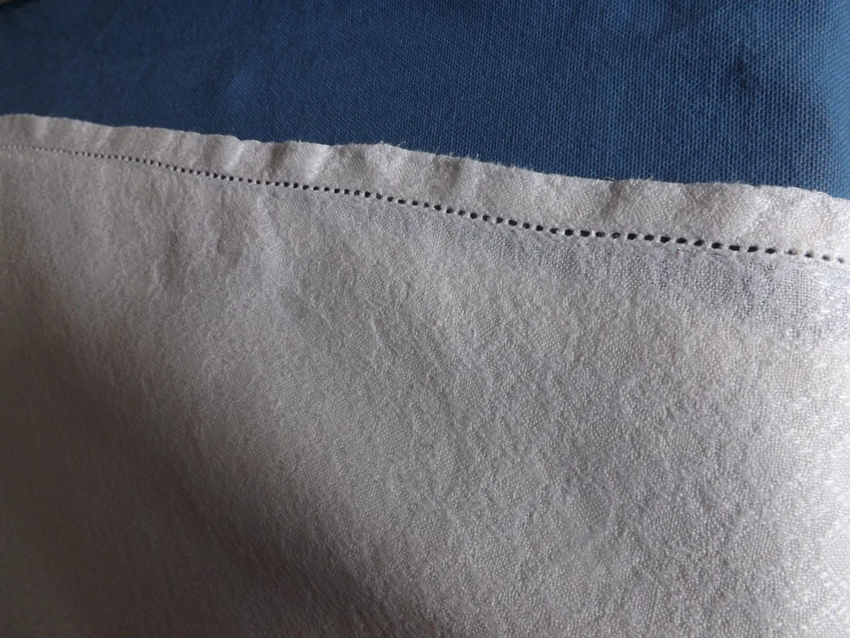 RARE, nappe (3.15 m) + 12 serviettes en lin, liteaux bleues foncé, fin 19éme - Photo 4/4