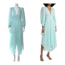Alice + Olivia Sion Pleated Chiffon Midi Dress US 8 Sky Blue V-Neck Long Sleeve