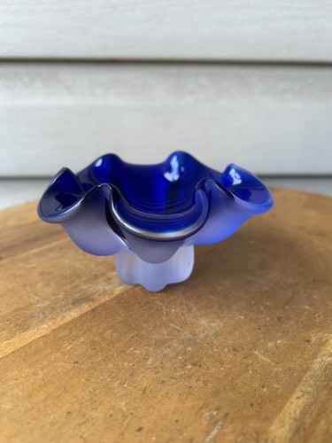 Vintage Czech Blue Flower Crimped Matte Base Art Glass Small Dish Bowl 4.5"
