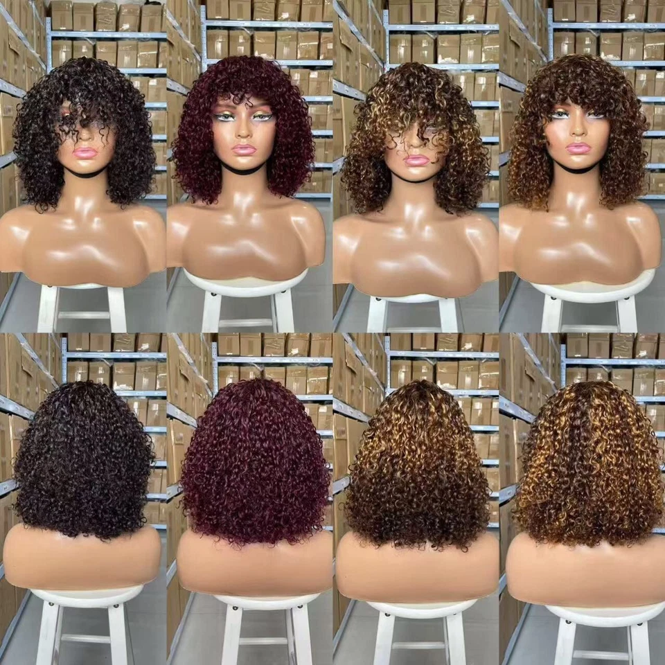 Scalp Base Top Curly Full Machine Made Human Hair Wigs With Bangs Glueless Wigs - Image 2 of 2