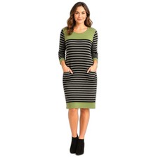 Eliza J Striped Sweater Dress Medium Green Black Knit Pockets Knee Length