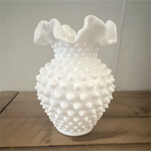 Vintage white  Milk Glass Decorative Vase Hobnail Pattern Ruffled Edge