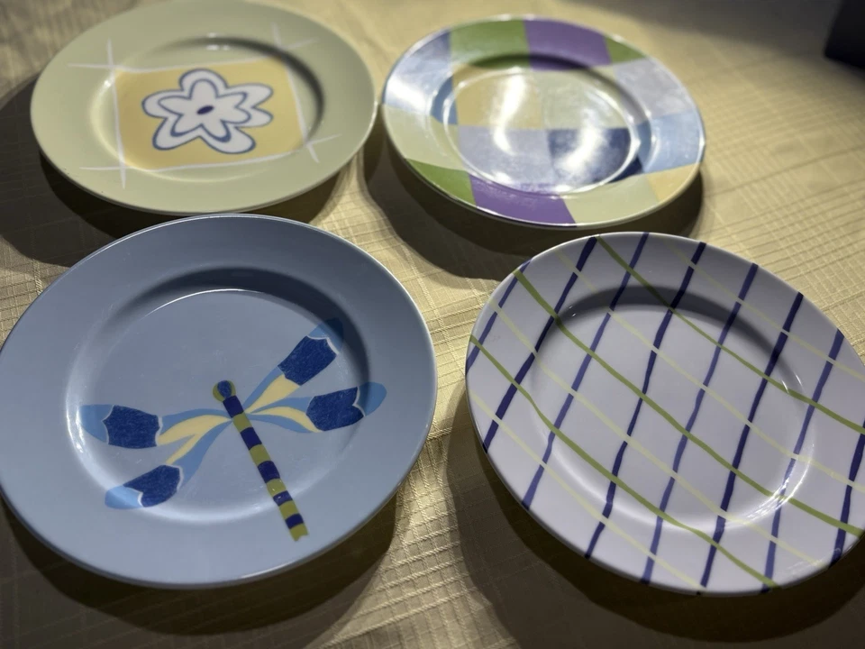 Pottery Barn Art Deco 7,5” Juego de 4 platos de almuerzo de ensalada verde púrpura azul amarillo Foto 2 de 4