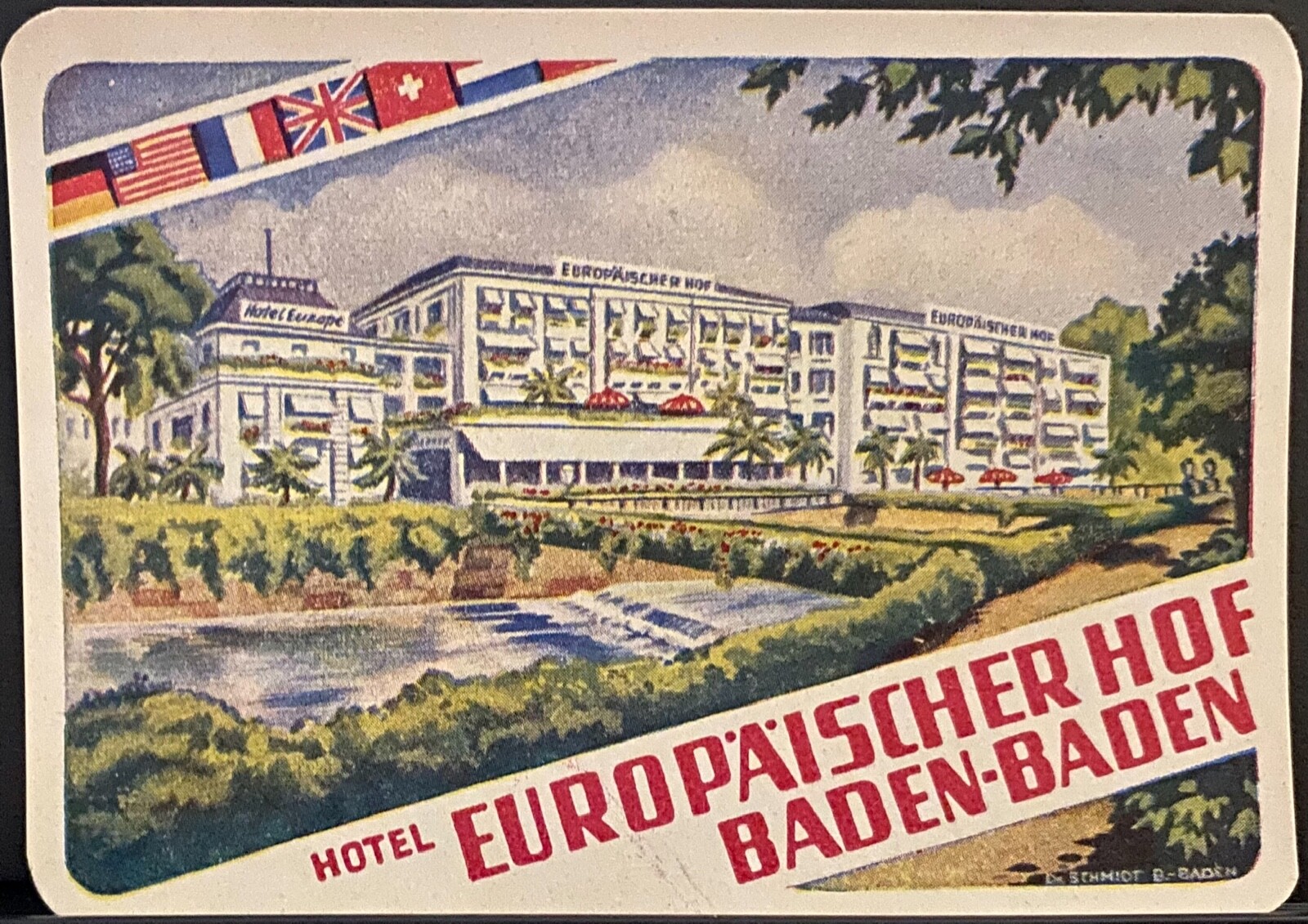 Vintage Luggage Label Hotel Europaischer Hof Baden-Baden Germany World Flags-image