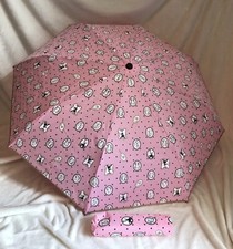Vintage New Folding LULU GUINNESS Pink Black Umbrella Gold Lame Trim LADY MIRROR