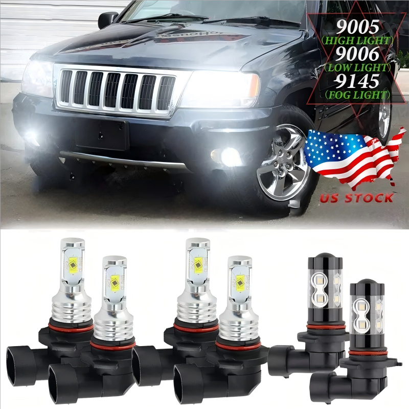 For Jeep Grand Cherokee 1999-2004 6X 6000K LED Headlights Fog Lights Bulbs Combo