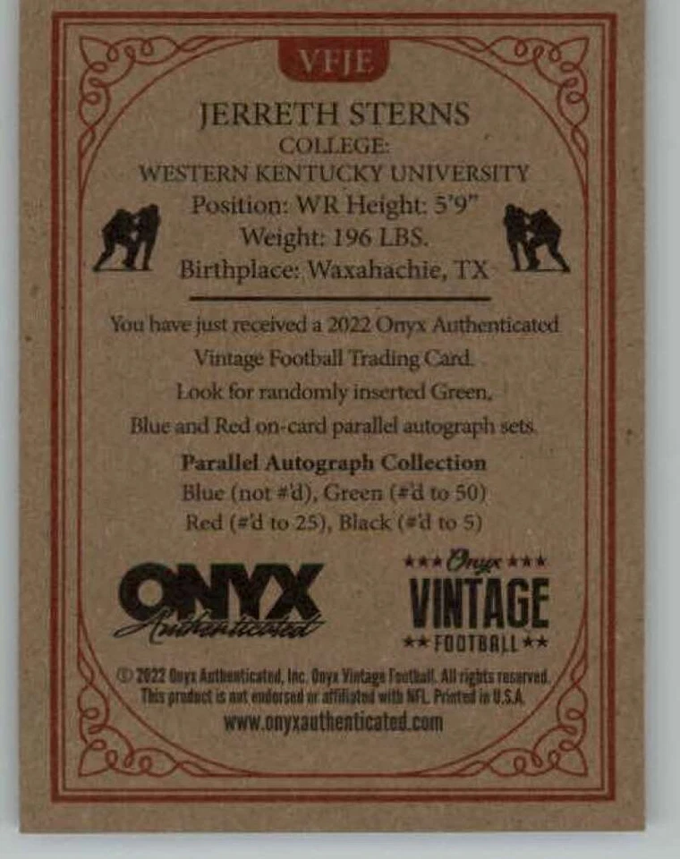 2022 Onyx Vintage #VFJE Jerreth Sterns RC Rookie - Image 2 of 2