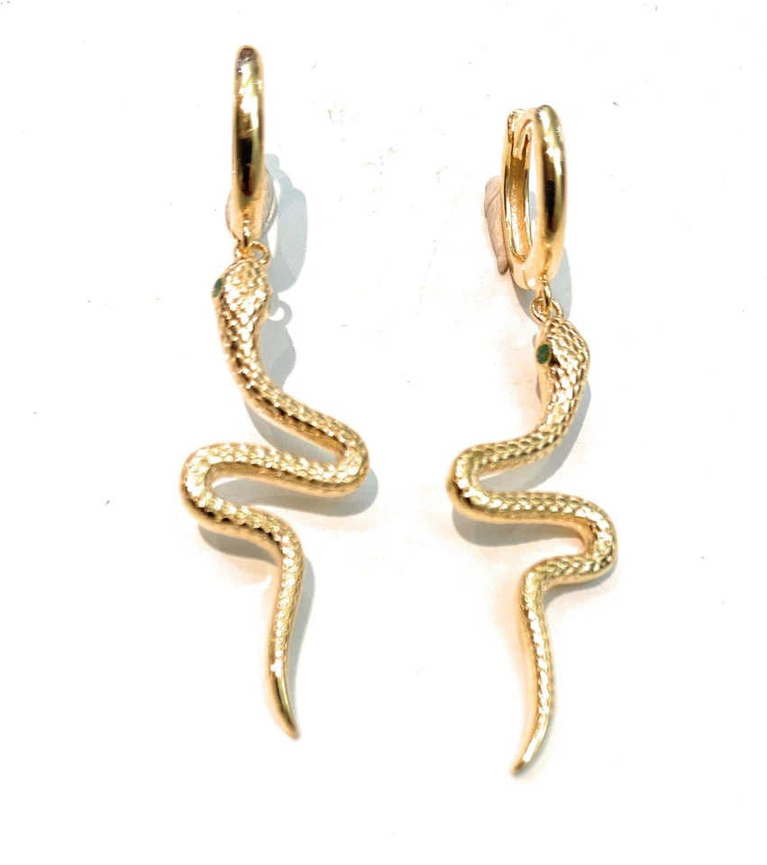 Orecchini a Cerchietto Pendente Serpentino Snake Argento Sterling Oro - Immagine 2 di 3